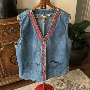 VINTAGE Denim Vest with Plaid Trim 2X